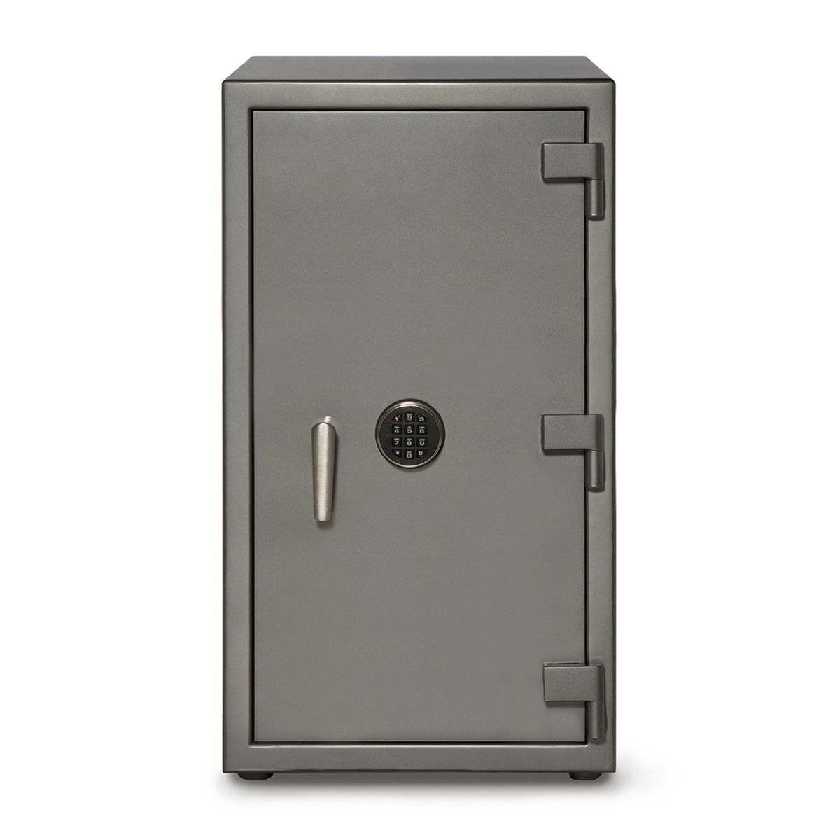 A luxury watch safe from WOLF, established in 1834. The interior features multiple watch winders, a digital display for settings, and storage drawers. The exterior is finished in a sleek grey with the brand name prominently displayed